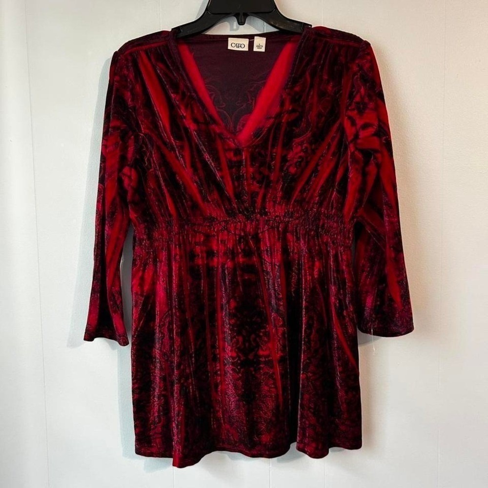 Cato Womens Red Black Velvet Burnout Damask Tunic Top V-Neck‎ Empire Waist Large